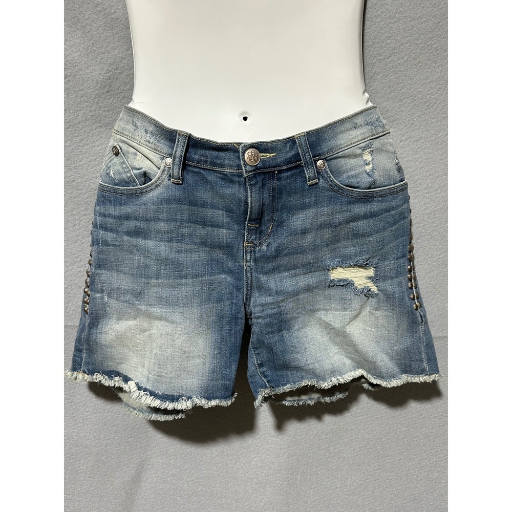 Rock & Republic Bumpershoot Denim Shorts Size 8 Distressed Studded Frayed Hem